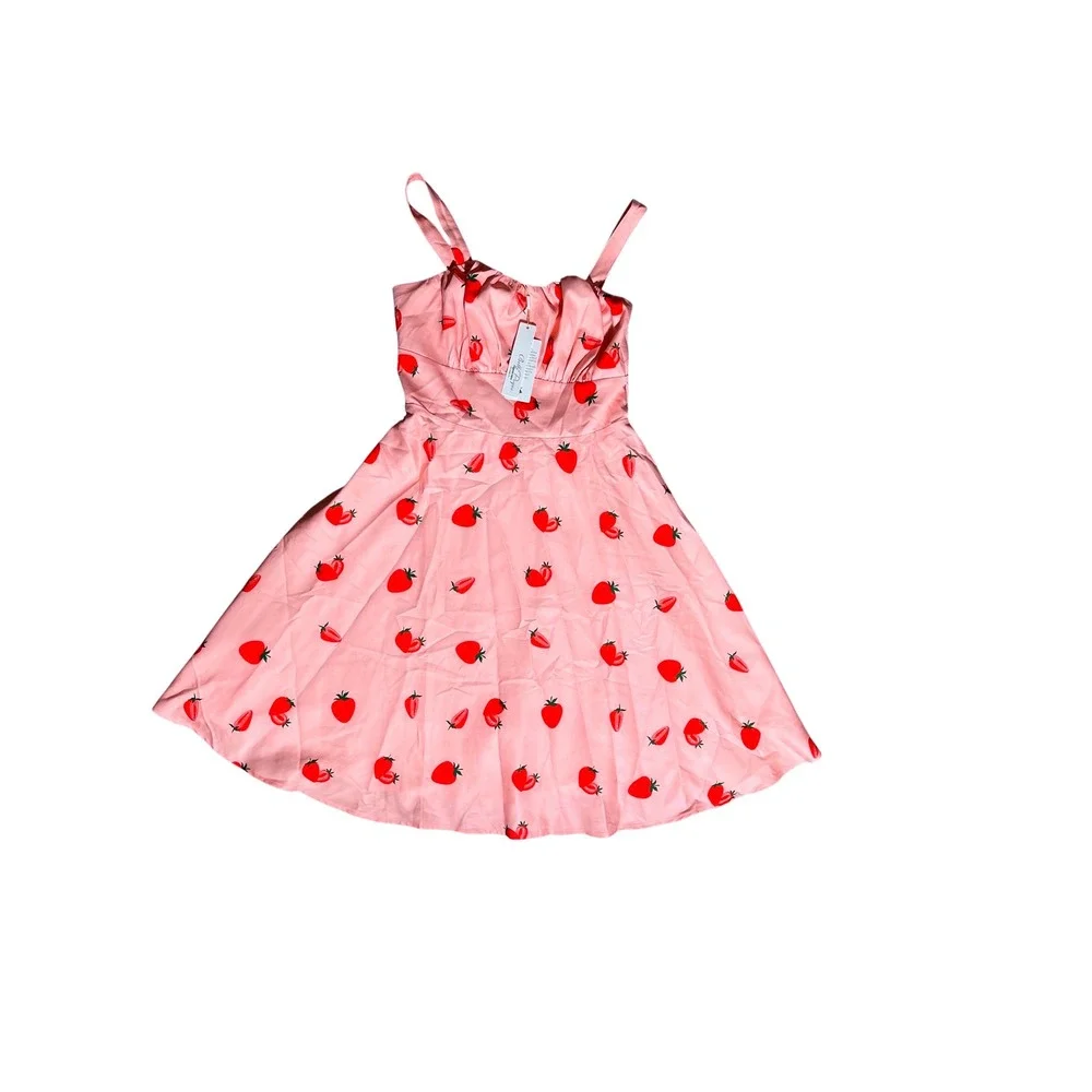 Bella Poque Pink Strawberry Print Fit and‎ Flare Dress Sleeveless - Picture 2 of 12